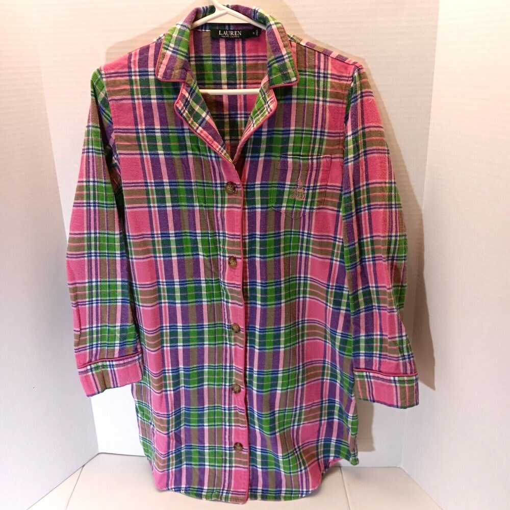 Lauren Ralph Lauren Shirt Wn S Pink Green Plaid Button Colorful Boho Crest Logo